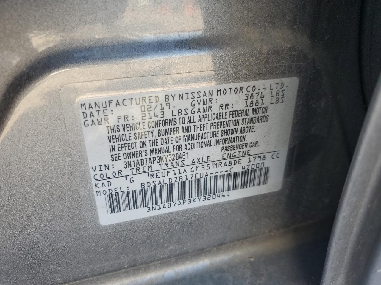 3N1AB7AP3KY320461 2019 Nissan Sentra S