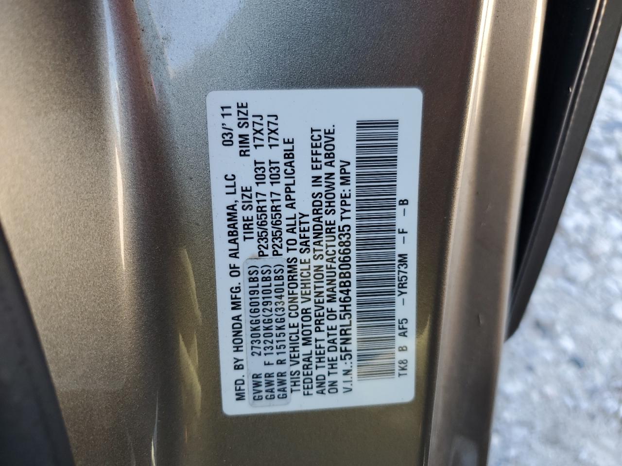 5FNRL5H64BB066835 2011 Honda Odyssey Exl