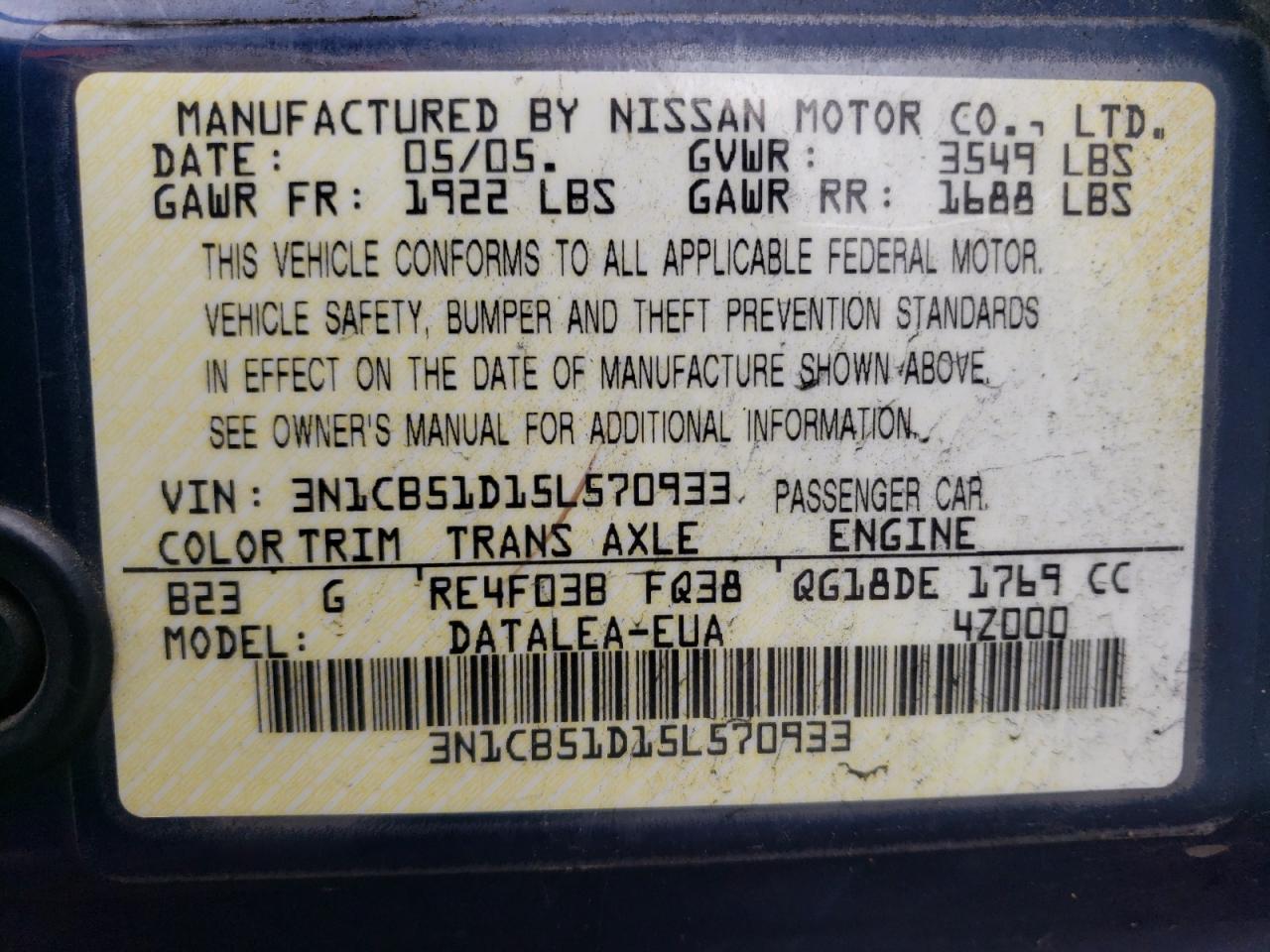 3N1CB51D15L570933 2005 Nissan Sentra 1.8