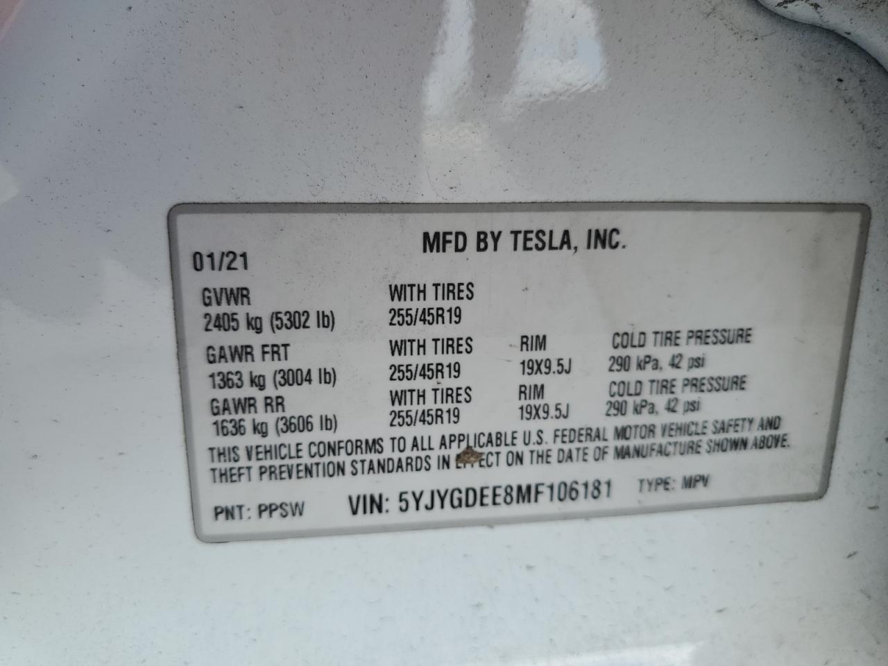 2021 Tesla Model Y VIN: 5YJYGDEE8MF106181 Lot: 72587354