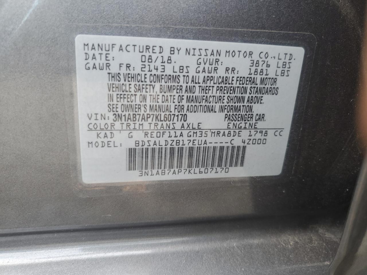 3N1AB7AP7KL607170 2019 Nissan Sentra S