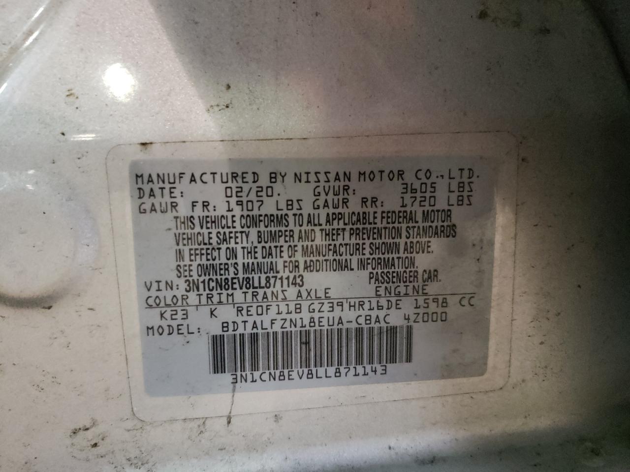 3N1CN8EV8LL871143 2020 Nissan Versa Sv