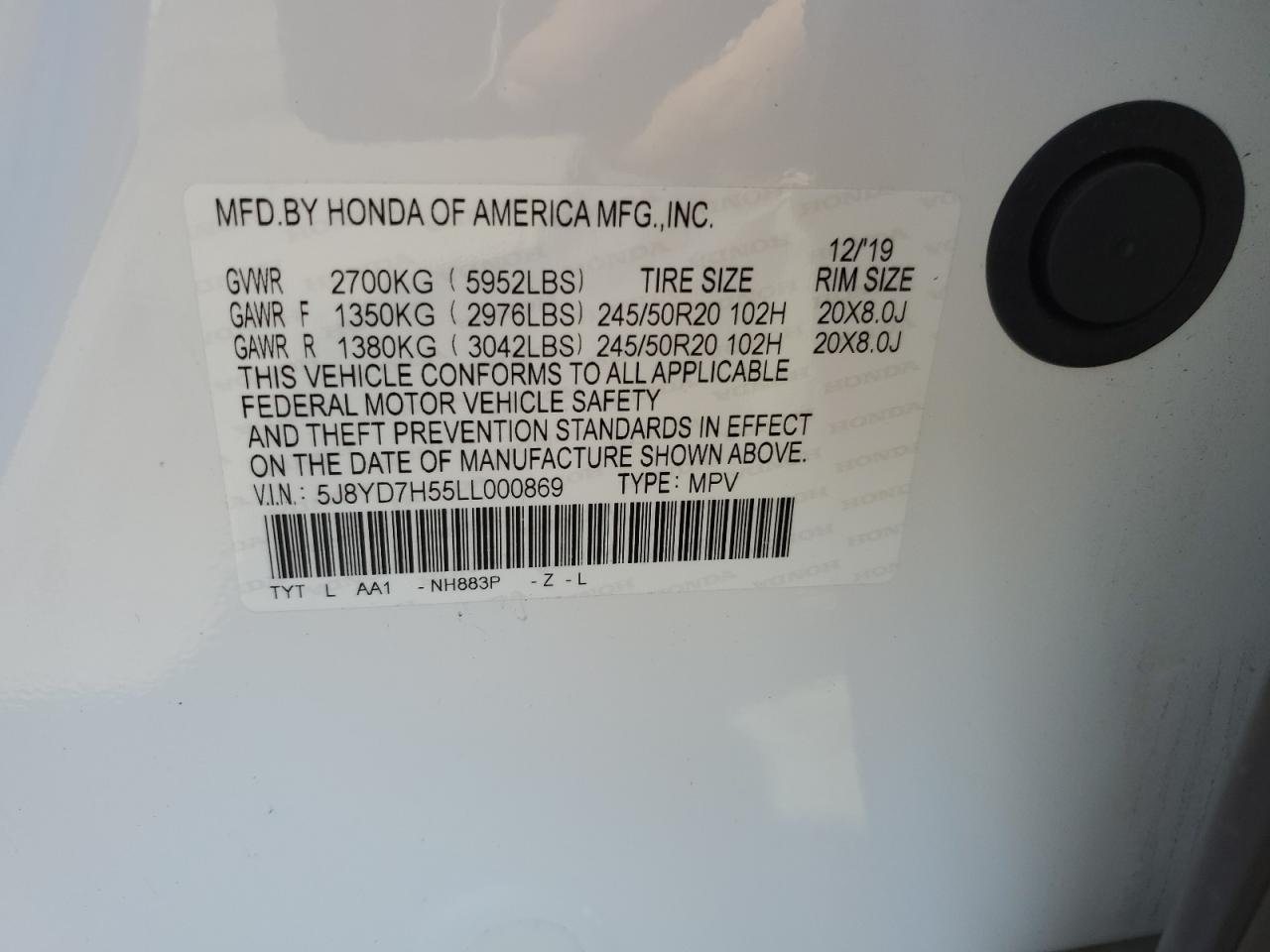 5J8YD7H55LL000869 2020 Acura Mdx Sport Hybrid Technology