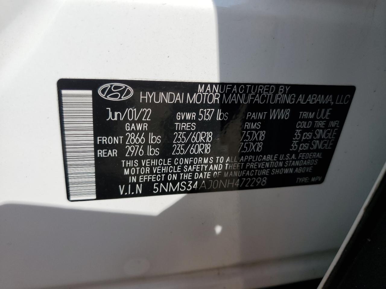 5NMS34AJ0NH472298 2022 Hyundai Santa Fe Sel