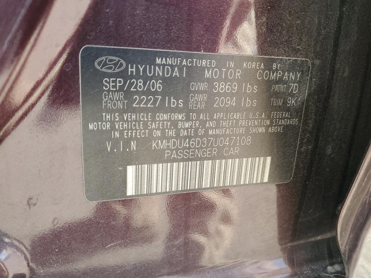 2007 Hyundai Elantra Gls VIN: KMHDU46D37U047108 Lot: 71029784