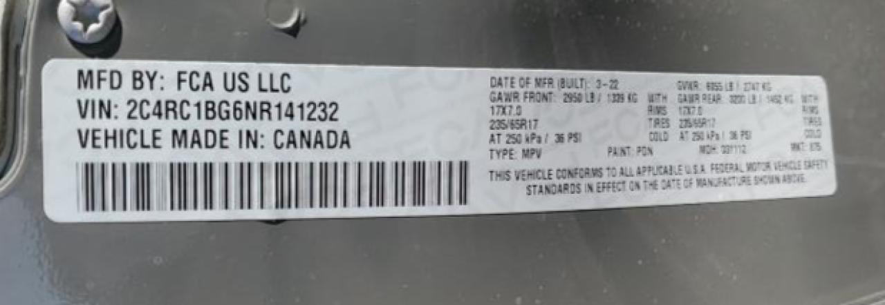 2C4RC1BG6NR141232 2022 Chrysler Pacifica Touring L