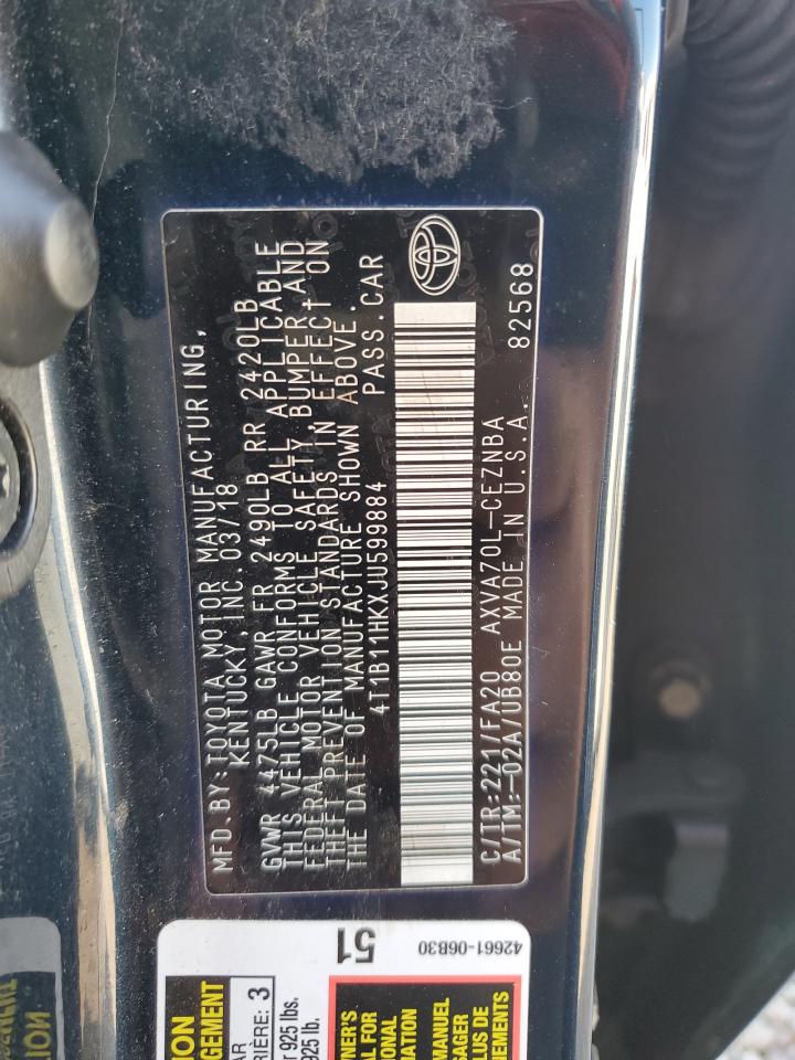 4T1B11HKXJU599884 2018 Toyota Camry L