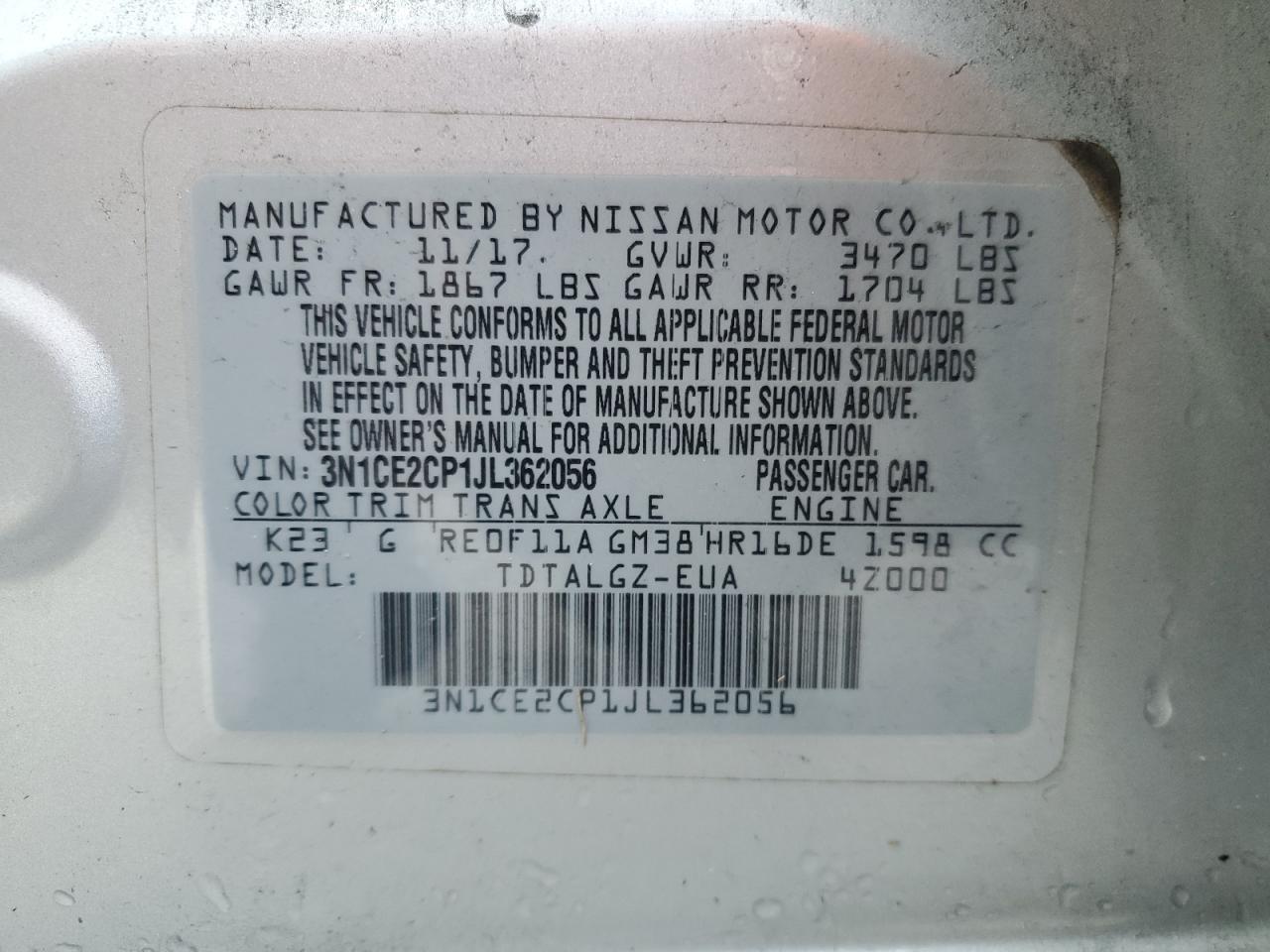 3N1CE2CP1JL362056 2018 Nissan Versa Note S