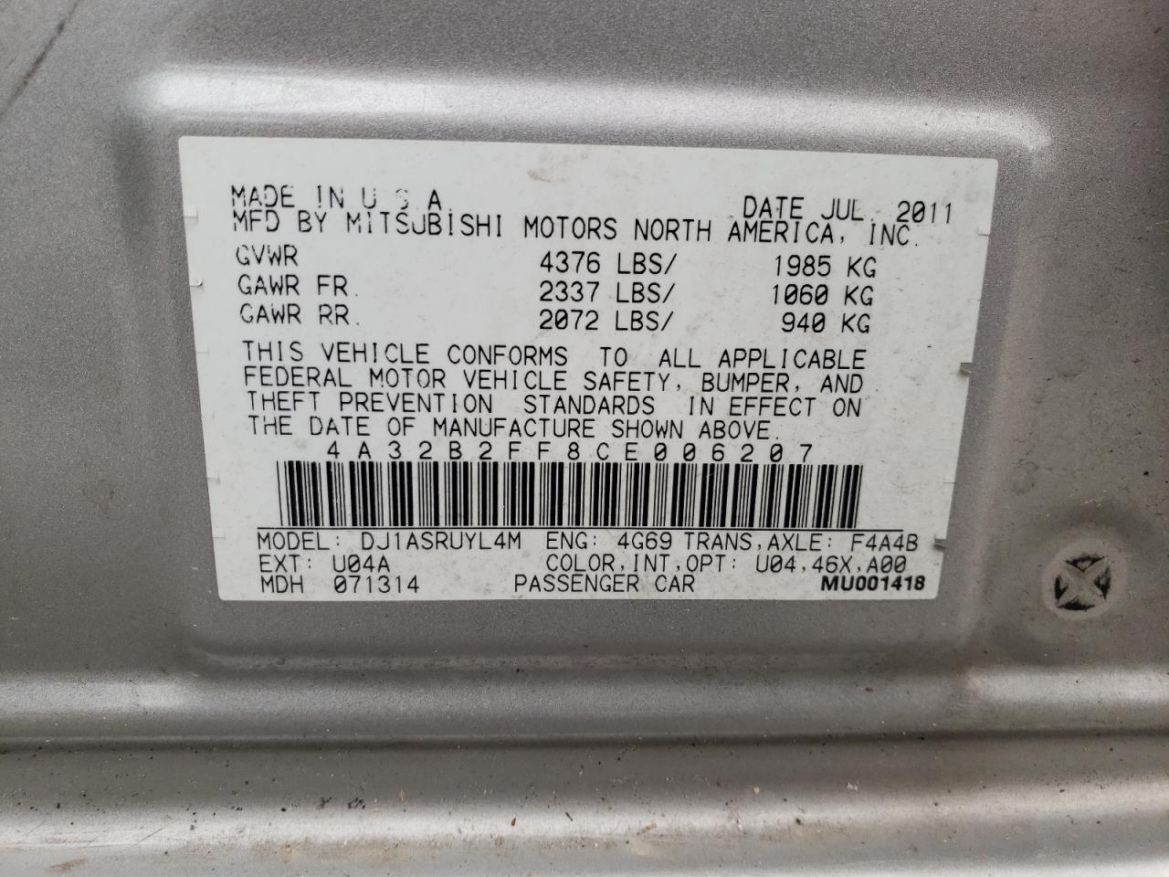 2012 Mitsubishi Galant Fe VIN: 4A32B2FF8CE006207 Lot: 71785774