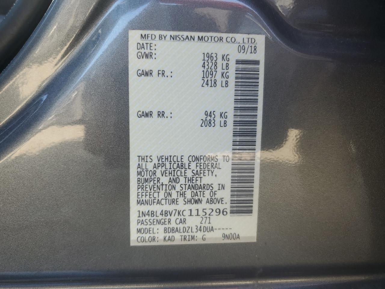 1N4BL4BV7KC115296 2019 Nissan Altima S