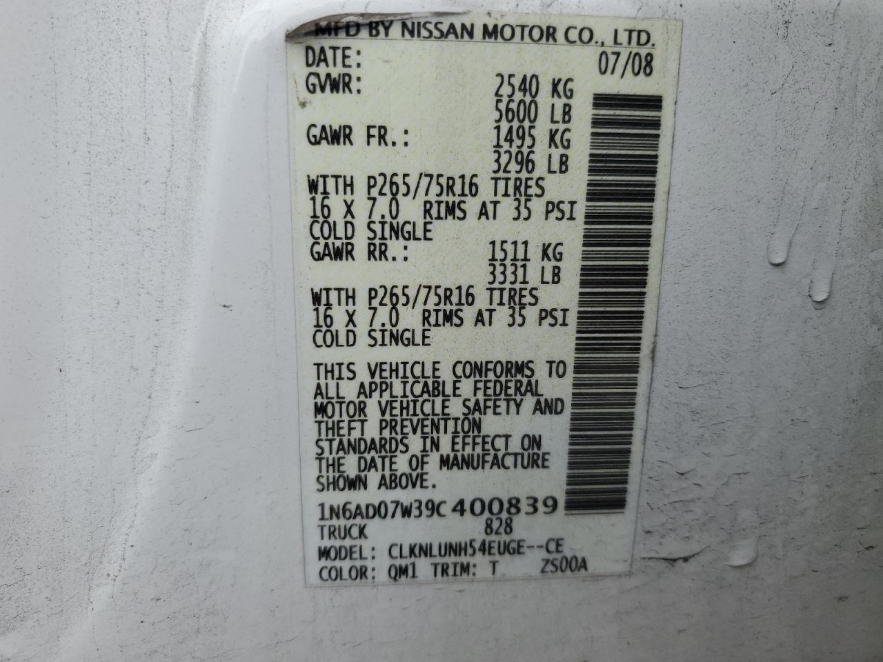 1N6AD07W39C400839 2009 Nissan Frontier Crew Cab Se