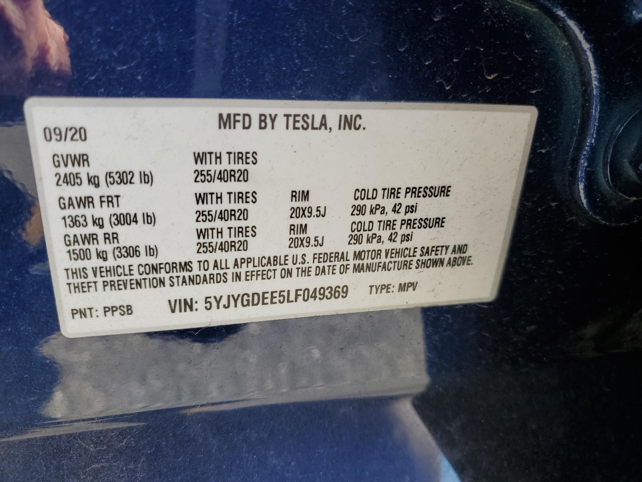 2020 Tesla Model Y VIN: 5YJYGDEE5LF049369 Lot: 70823644