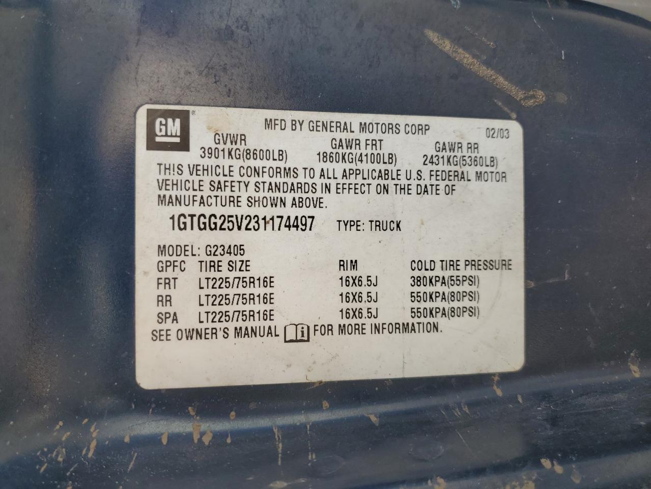 1GTGG25V231174497 2003 GMC Savana G2500