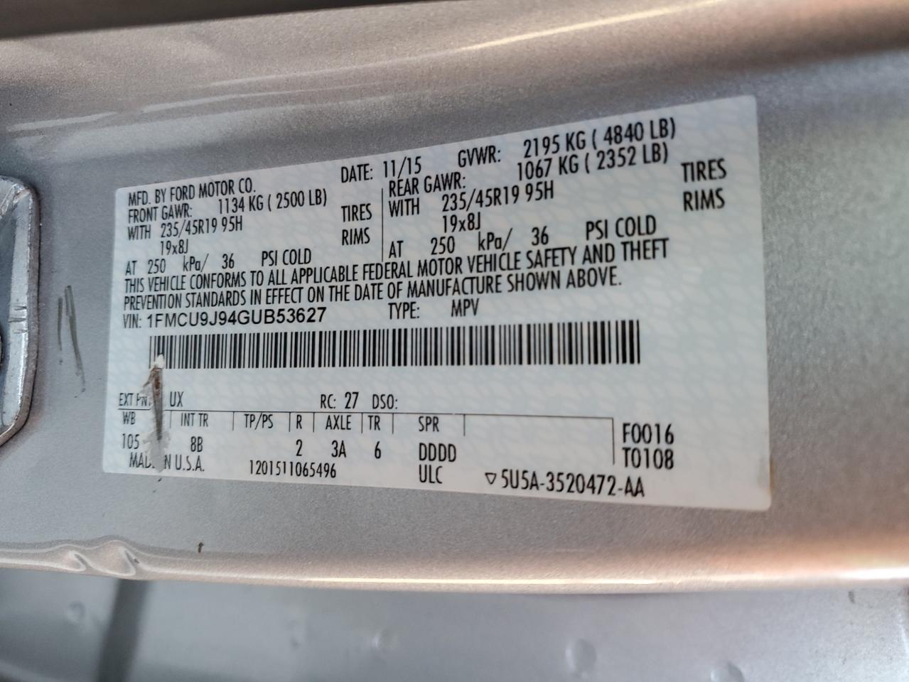 1FMCU9J94GUB53627 2016 Ford Escape Titanium