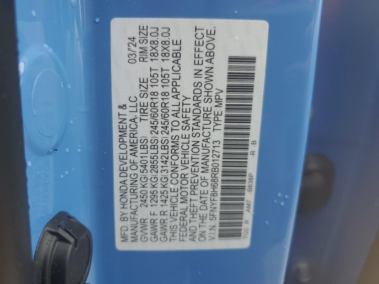 2024 Honda Passport Trail Sport VIN: 5FNYF8H68RB012713 Lot: 73763204