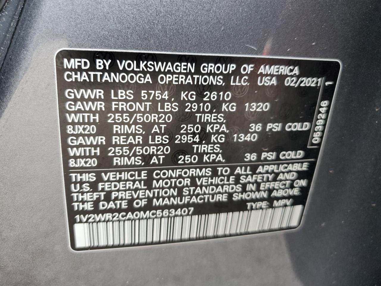 1V2WR2CA0MC563407 2021 Volkswagen Atlas Se