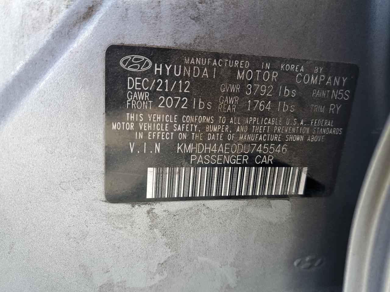 KMHDH4AE0DU745546 2013 Hyundai Elantra Gls