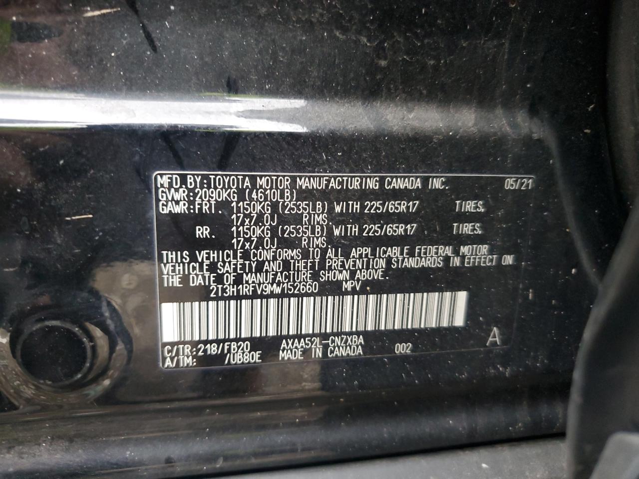 2T3H1RFV9MW152660 2021 Toyota Rav4 Le