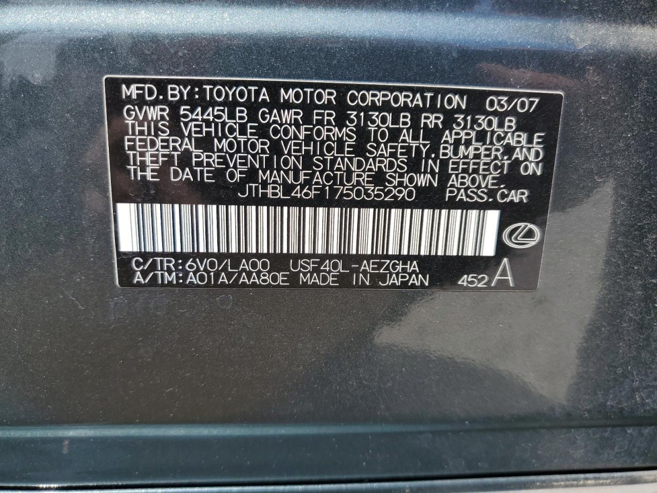 JTHBL46F175035290 2007 Lexus Ls 460