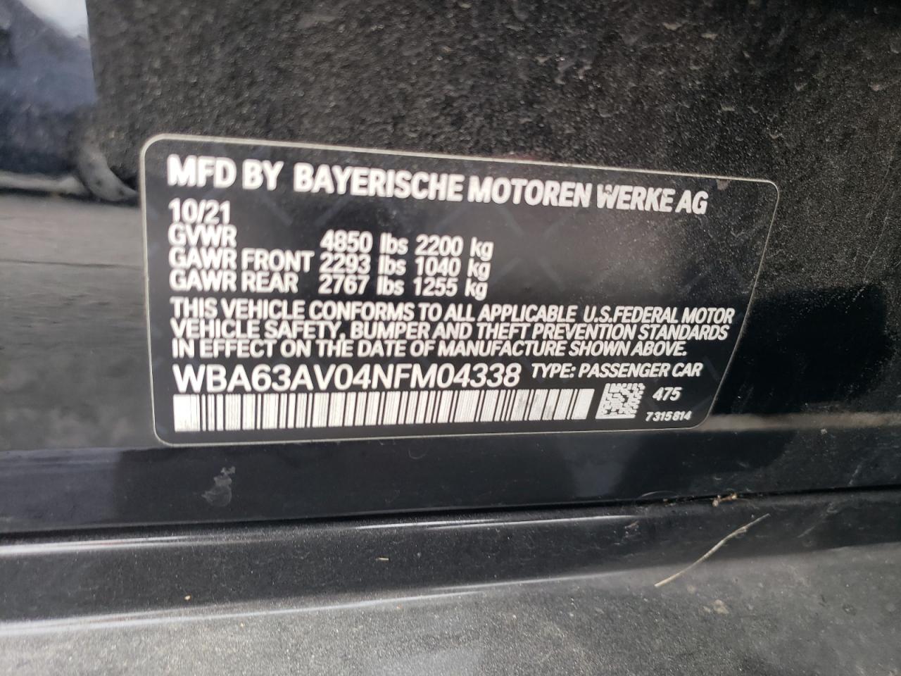2022 BMW 430I Gran Coupe VIN: WBA63AV04NFM04338 Lot: 71471224
