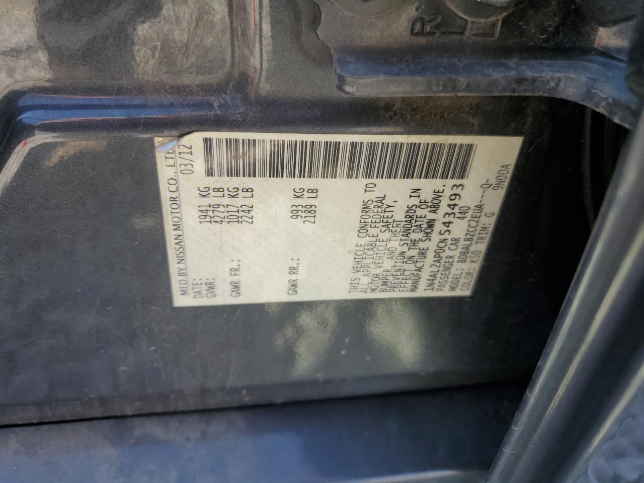 1N4AL2AP0CN543493 2012 Nissan Altima Base