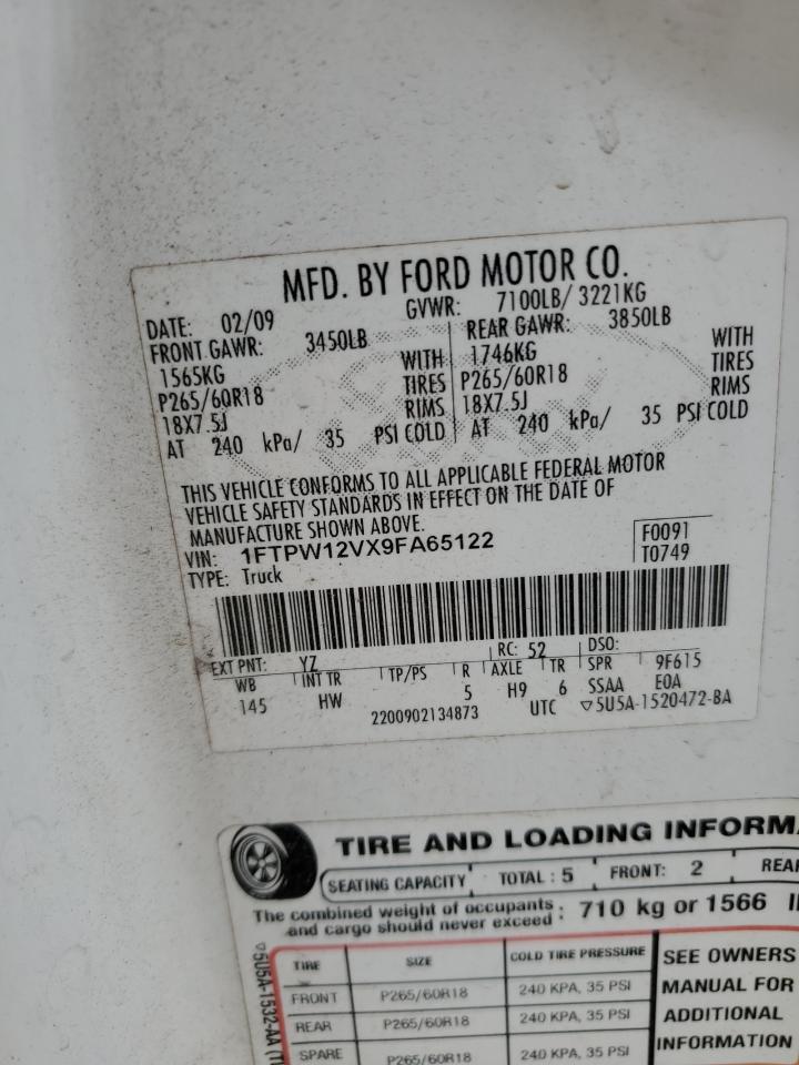 1FTPW12VX9FA65122 2009 Ford F150 Supercrew