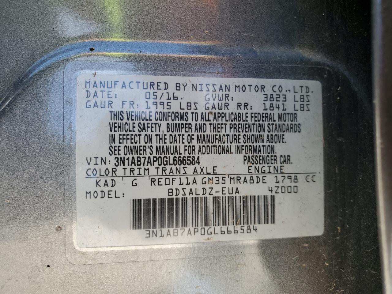 3N1AB7AP0GL666584 2016 Nissan Sentra S