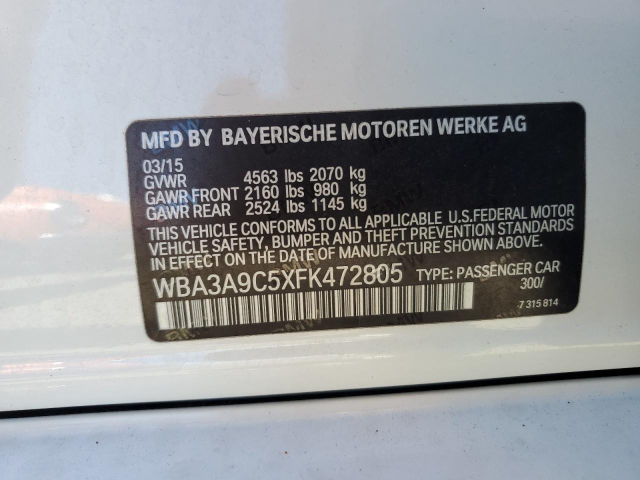 2015 BMW 335 I VIN: WBA3A9C5XFK472805 Lot: 70638564