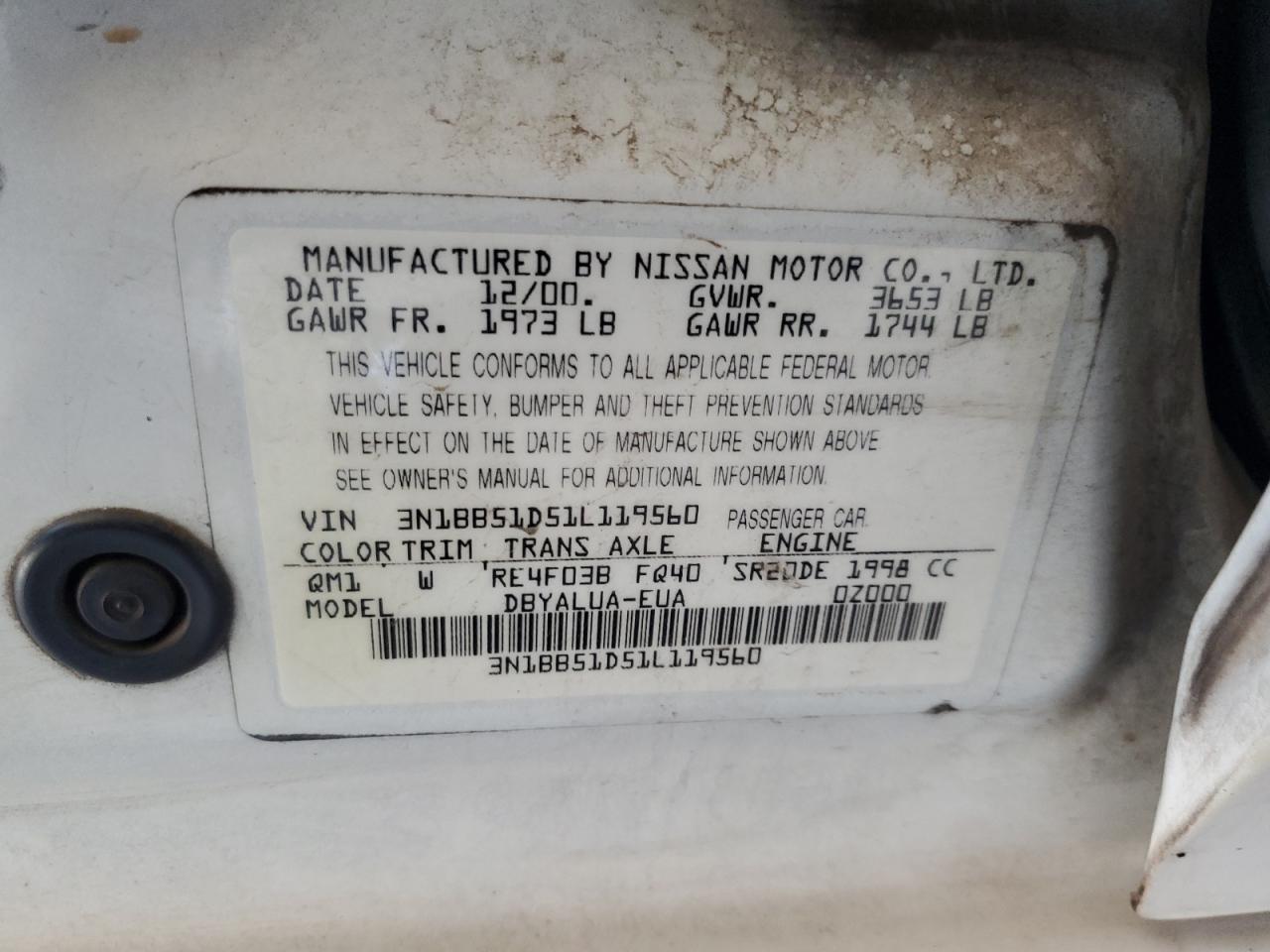 2001 Nissan Sentra Se VIN: 3N1BB51D51L119560 Lot: 71778784