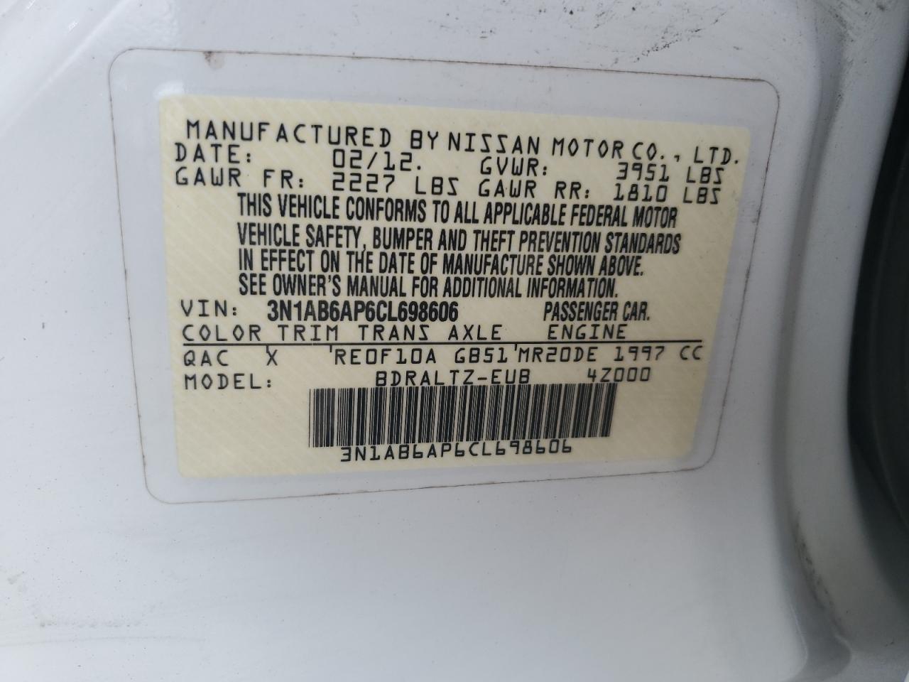 3N1AB6AP6CL698606 2012 Nissan Sentra 2.0