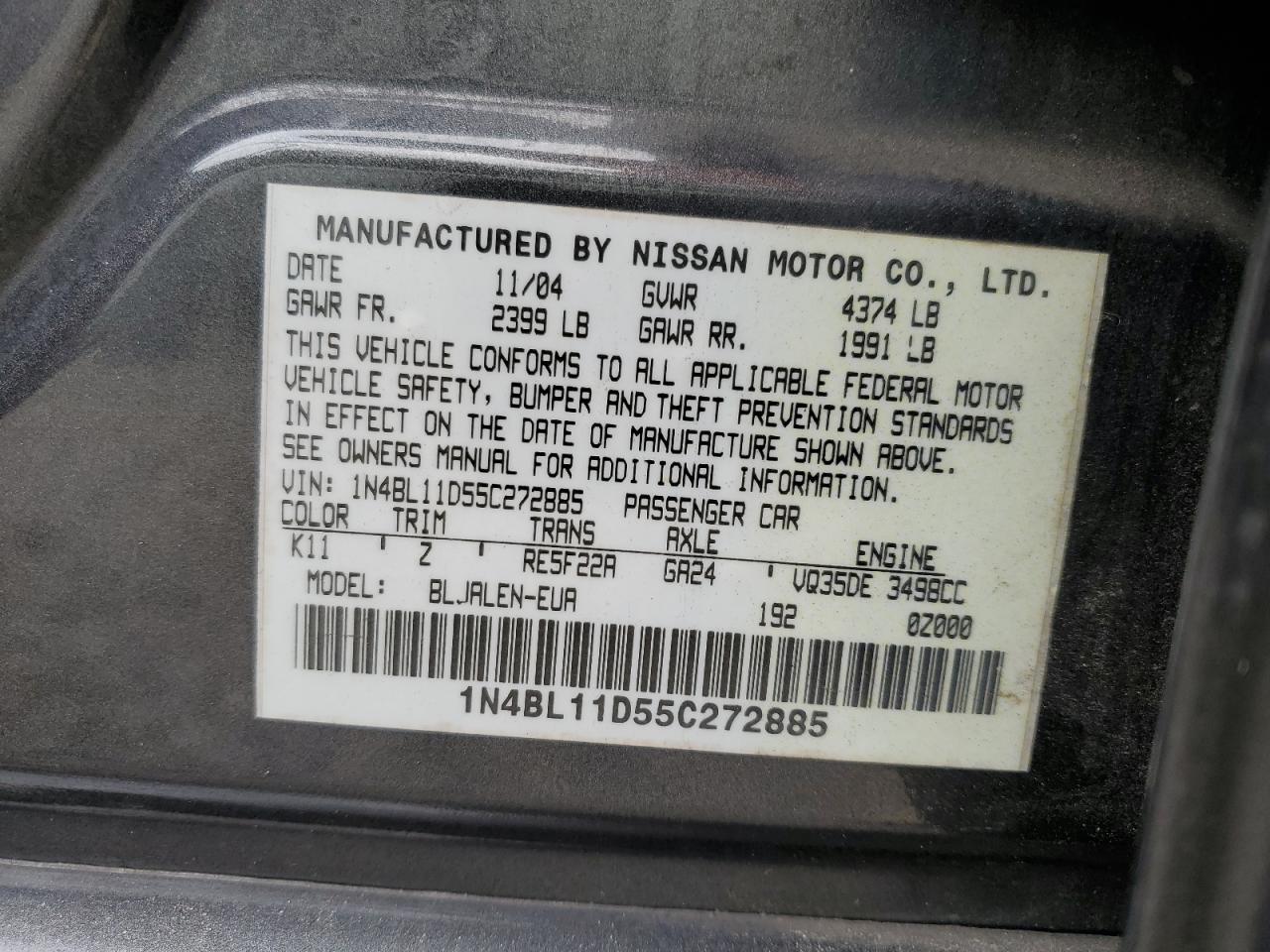 1N4BL11D55C272885 2005 Nissan Altima Se