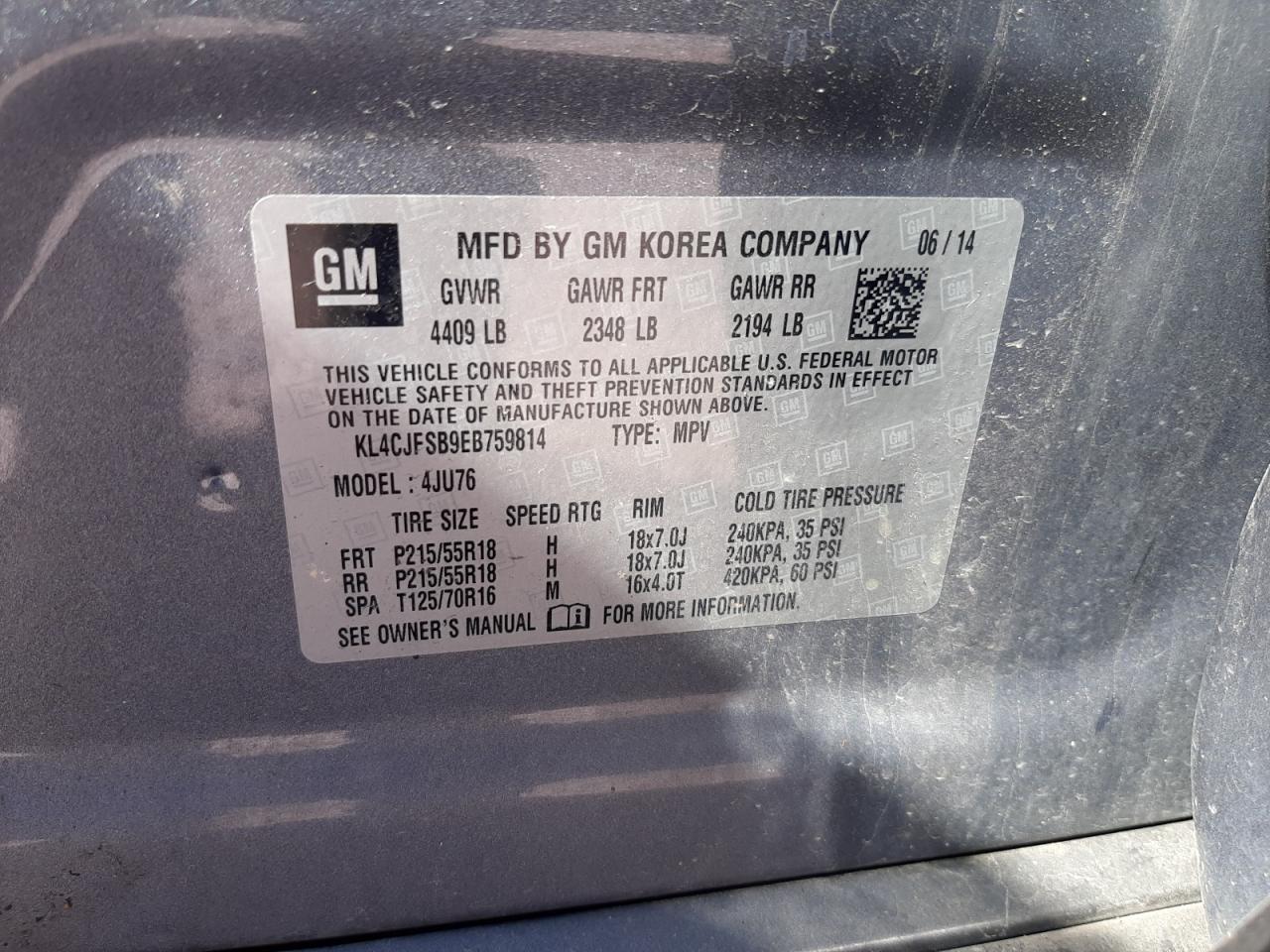 KL4CJFSB9EB759814 2014 Buick Encore Convenience