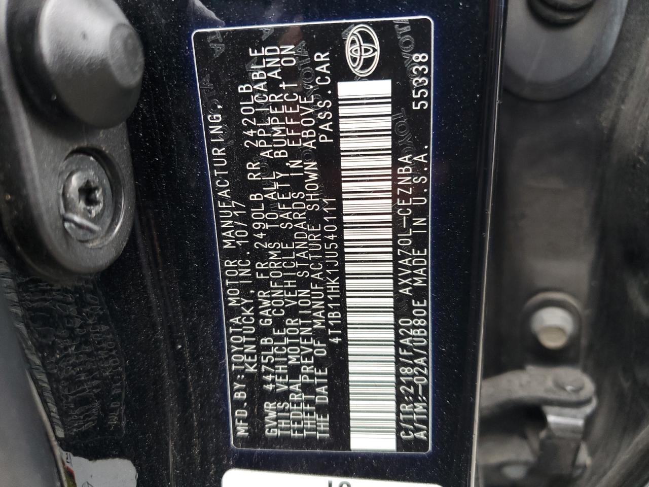 4T1B11HK1JU540111 2018 Toyota Camry L