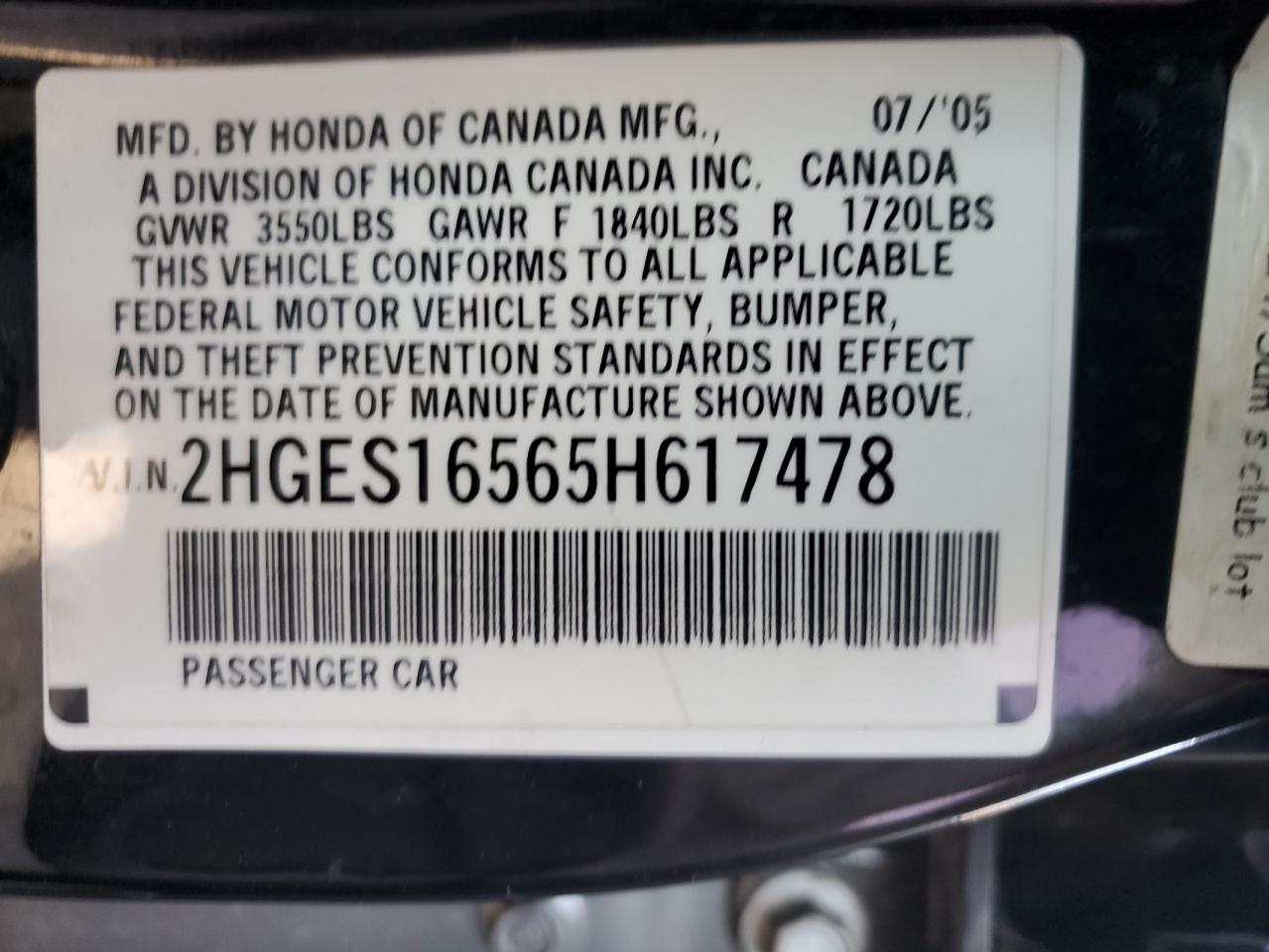 2HGES16565H617478 2005 Honda Civic Lx