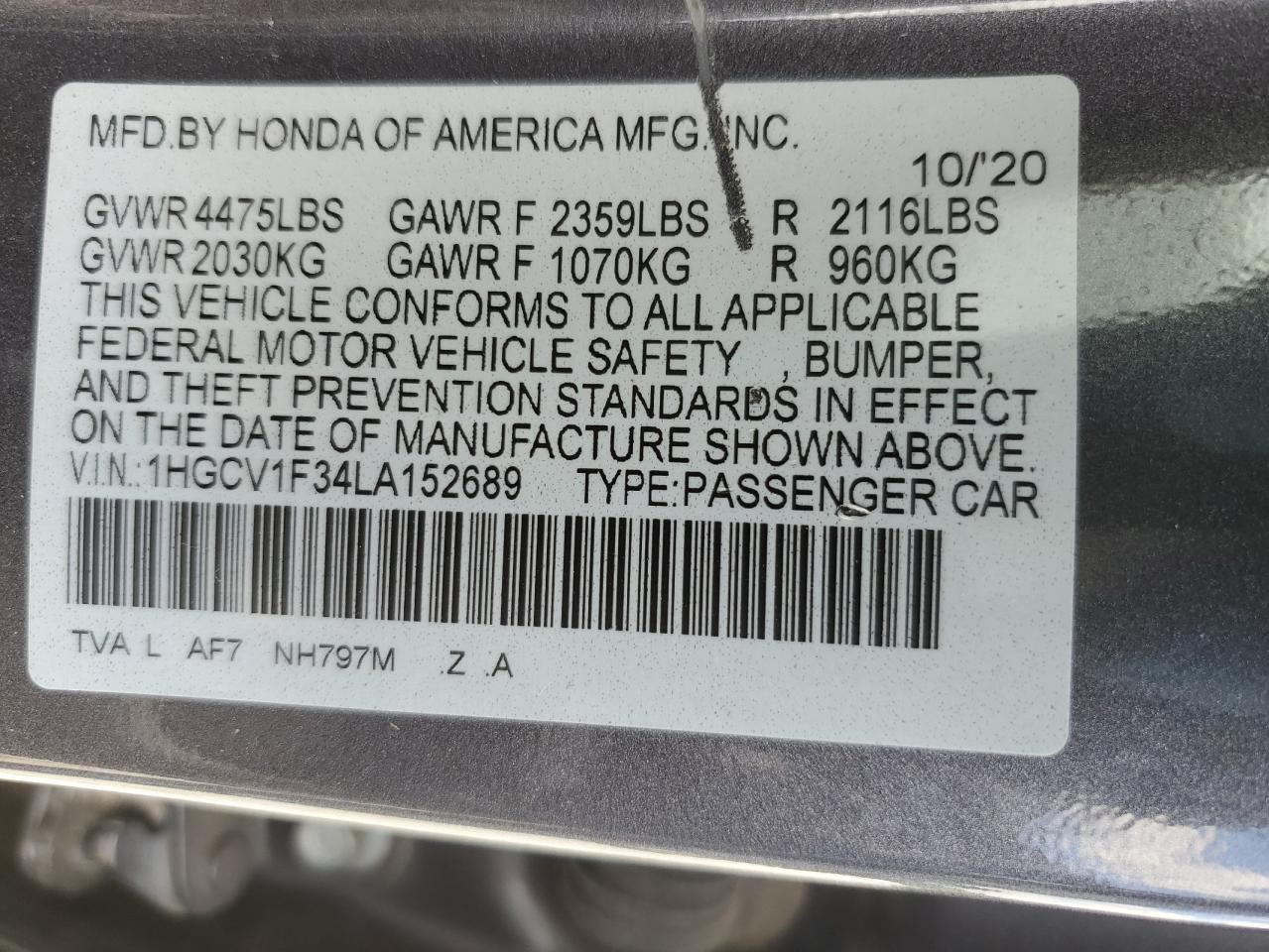 1HGCV1F34LA152689 2020 HONDA ACCORD - Image 12