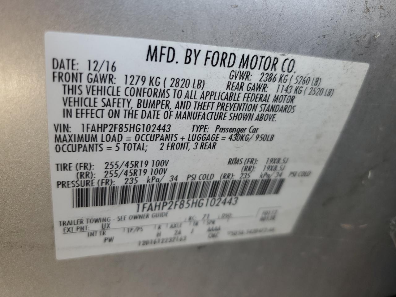 1FAHP2F85HG102443 2017 Ford Taurus Limited