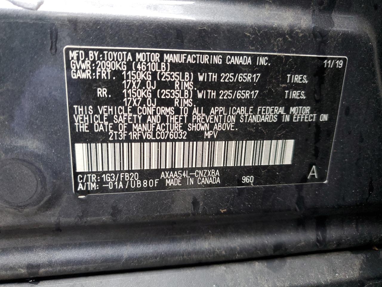 2T3F1RFV6LC076032 2020 Toyota Rav4 Le