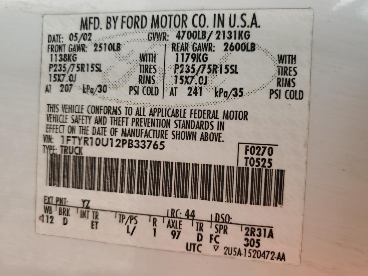 1FTYR10U12PB33765 2002 Ford Ranger