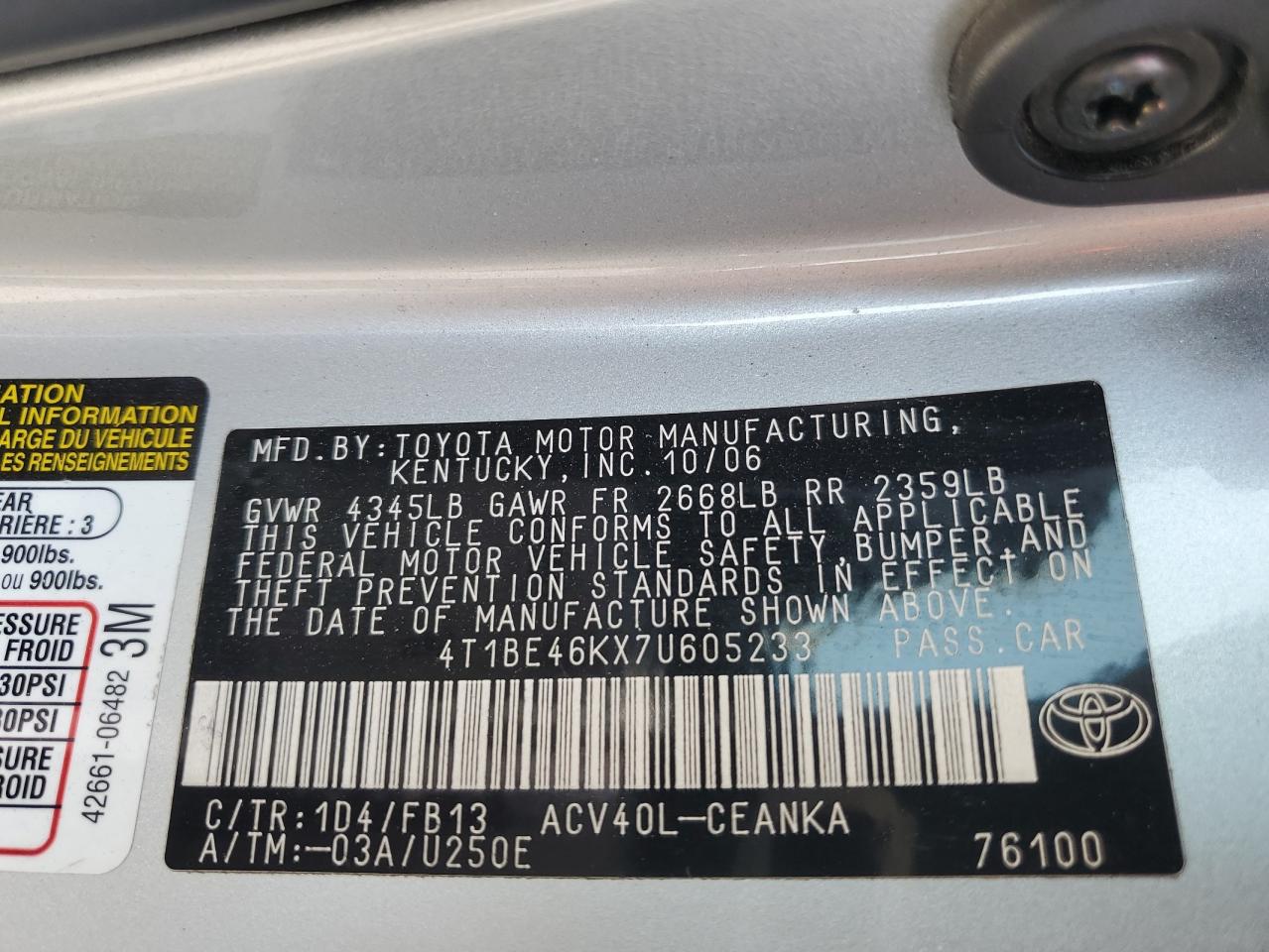 4T1BE46KX7U605233 2007 Toyota Camry Ce