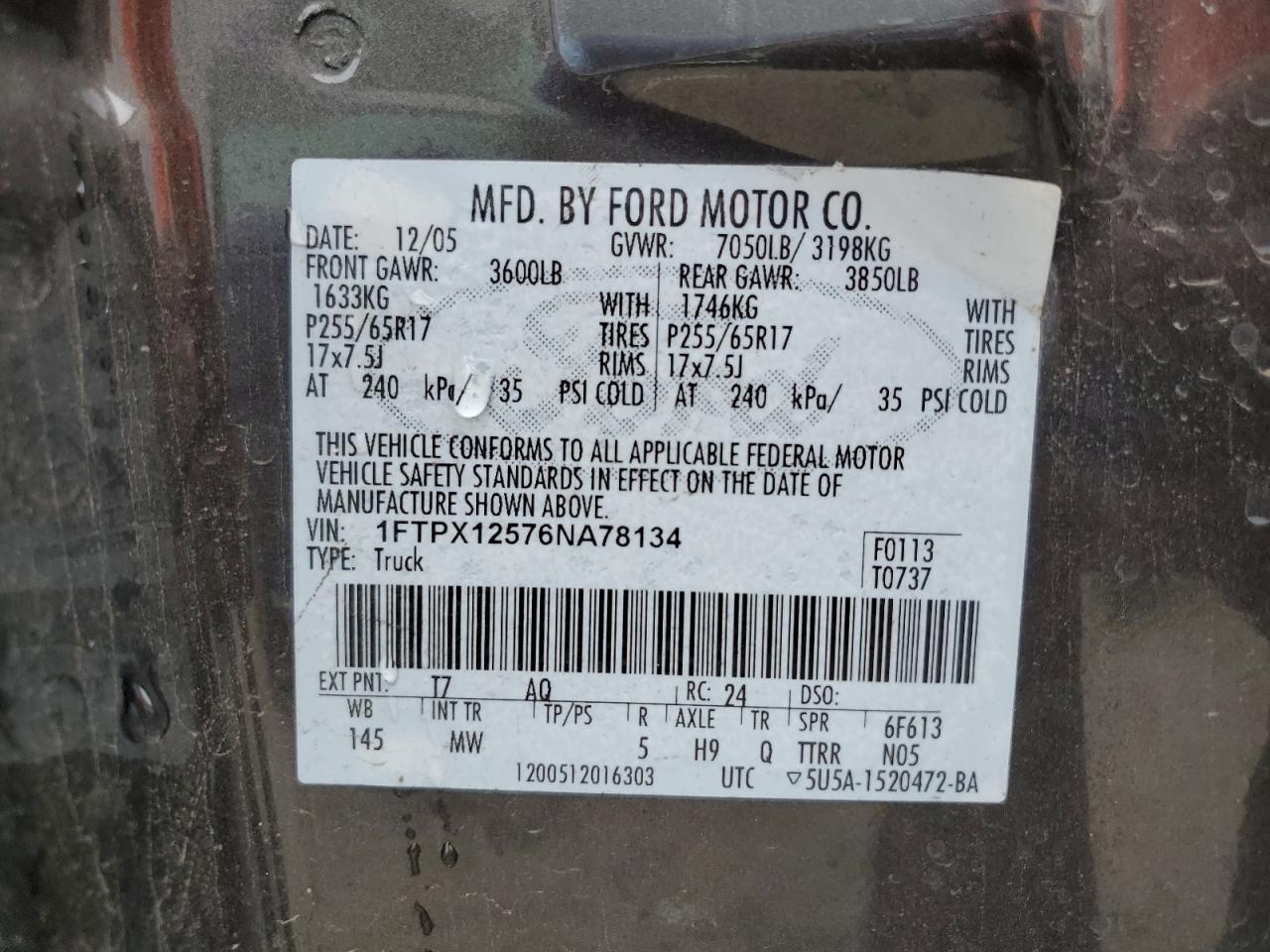 1FTPX12576NA78134 2006 Ford F150