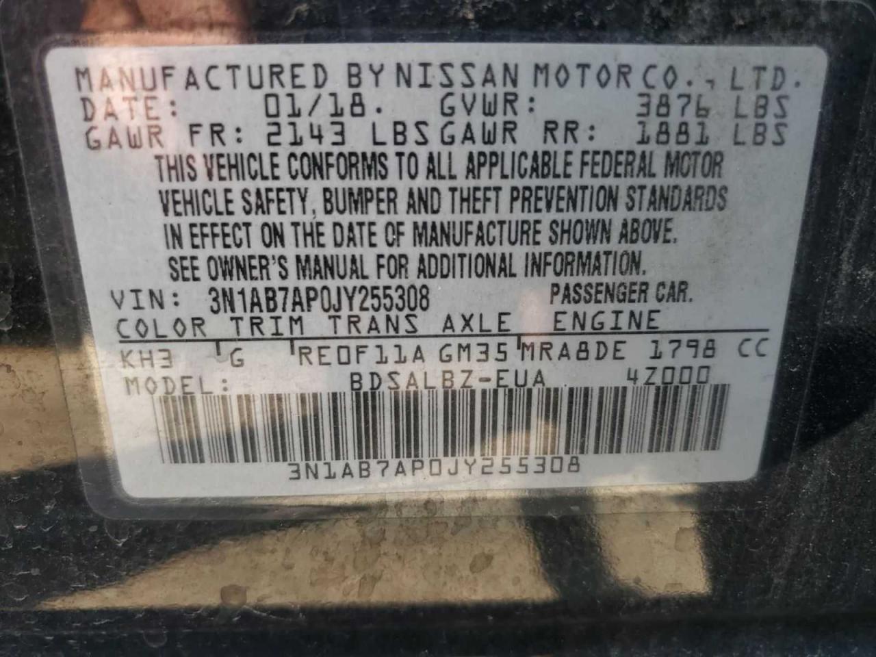 3N1AB7AP0JY255308 2018 Nissan Sentra S