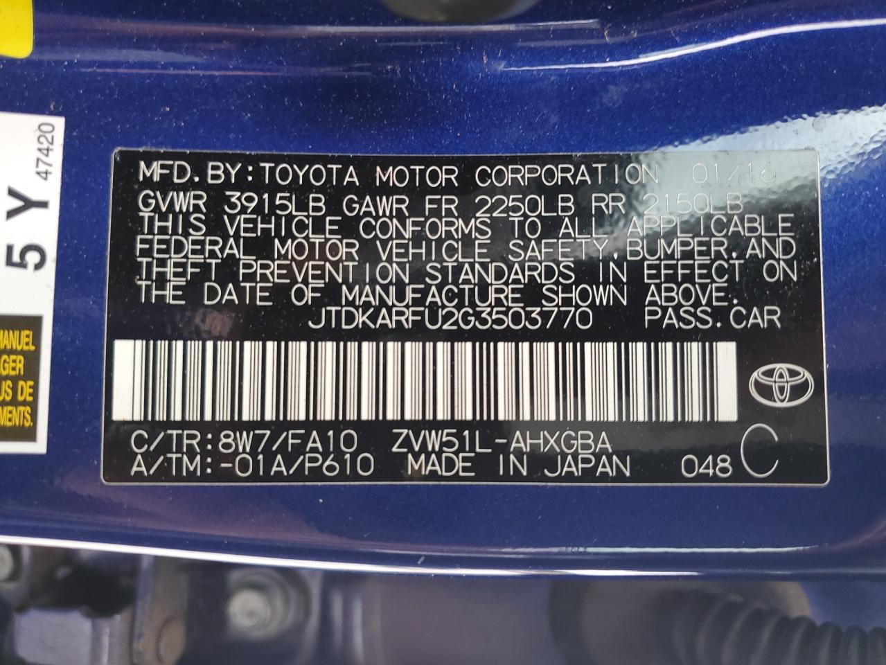 JTDKARFU2G3503770 2016 Toyota Prius