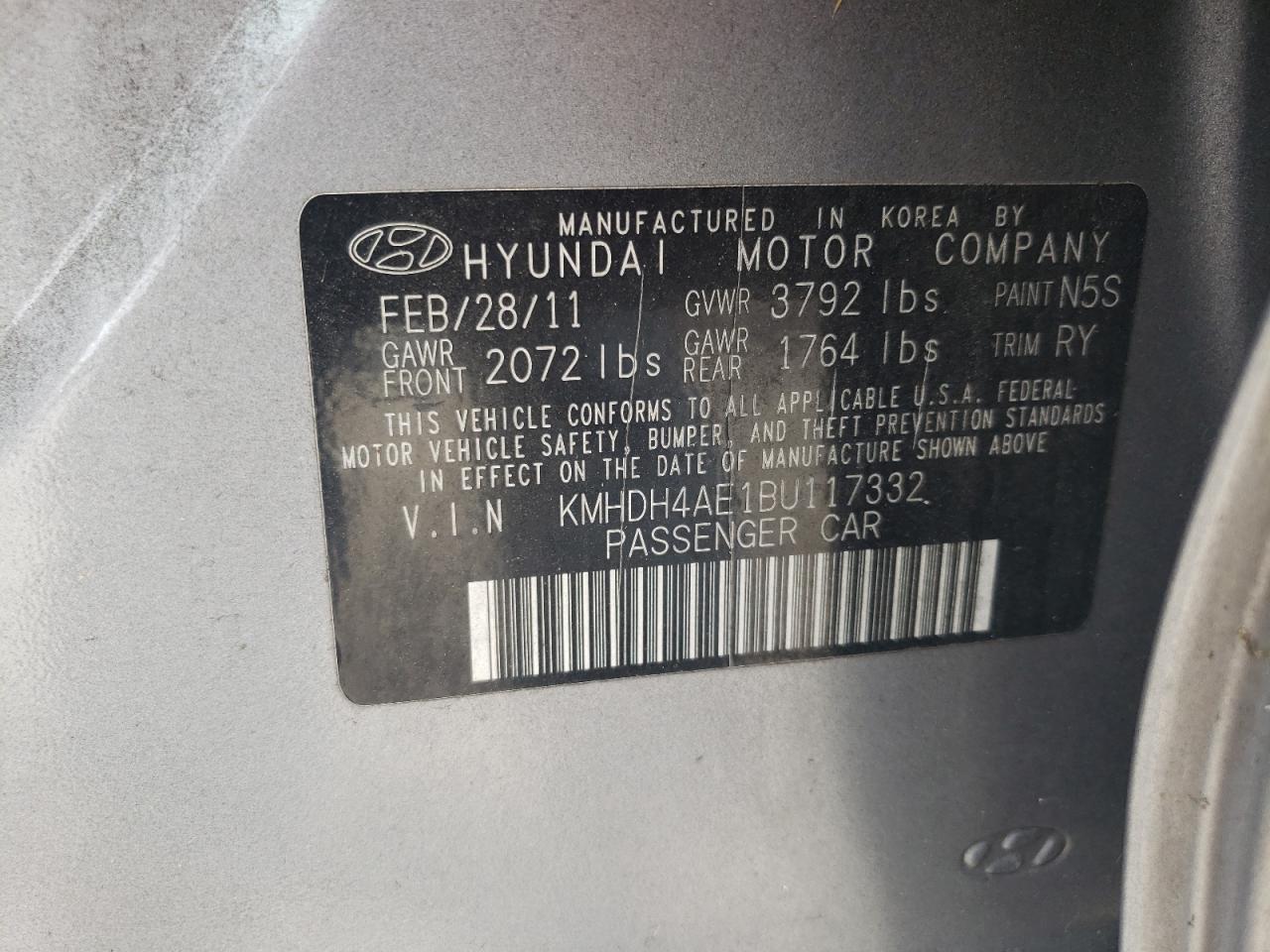 2011 Hyundai Elantra Gls VIN: KMHDH4AE1BU117332 Lot: 70570364