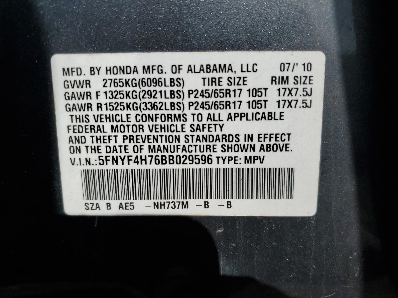 5FNYF4H76BB029596 2011 Honda Pilot Exln