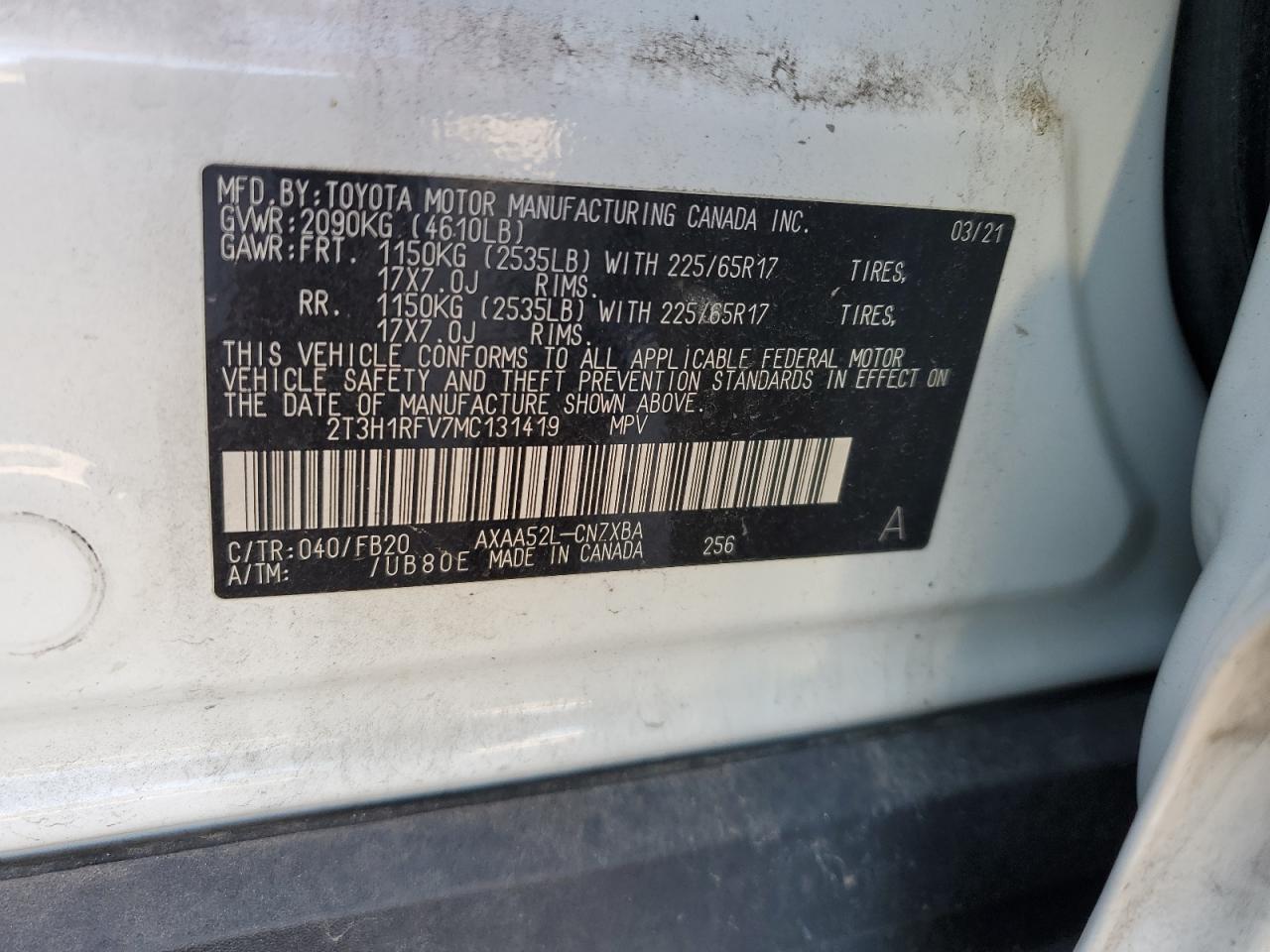 2T3H1RFV7MC131419 2021 Toyota Rav4 Le