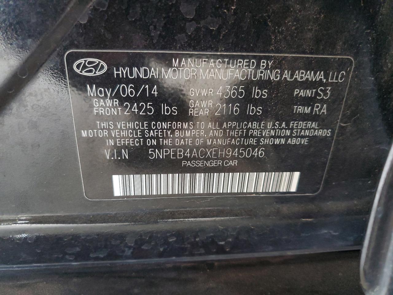 5NPEB4ACXEH945046 2014 Hyundai Sonata Gls