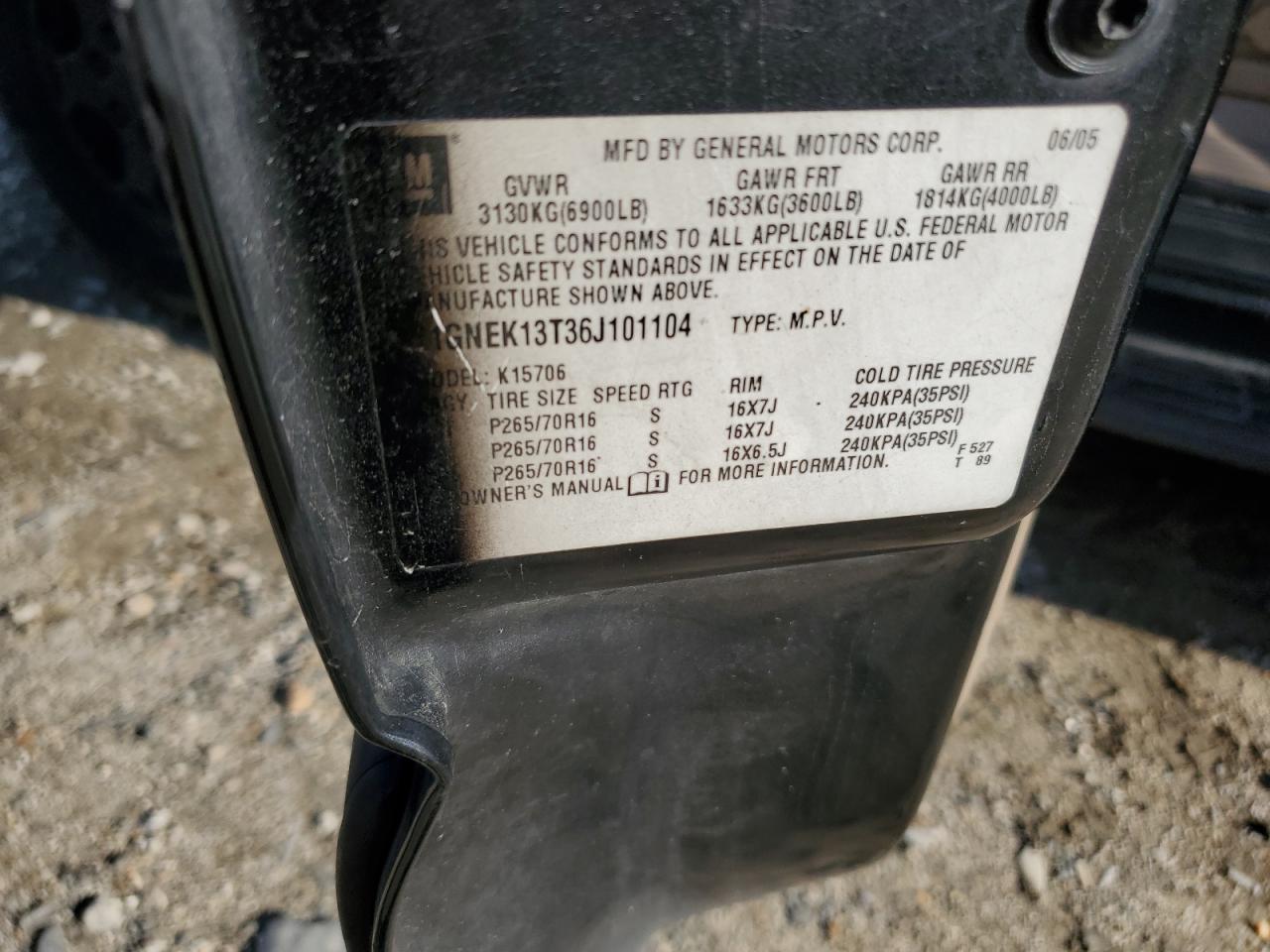 2006 Chevrolet Tahoe K1500 VIN: 1GNEK13T36J101104 Lot: 69575364