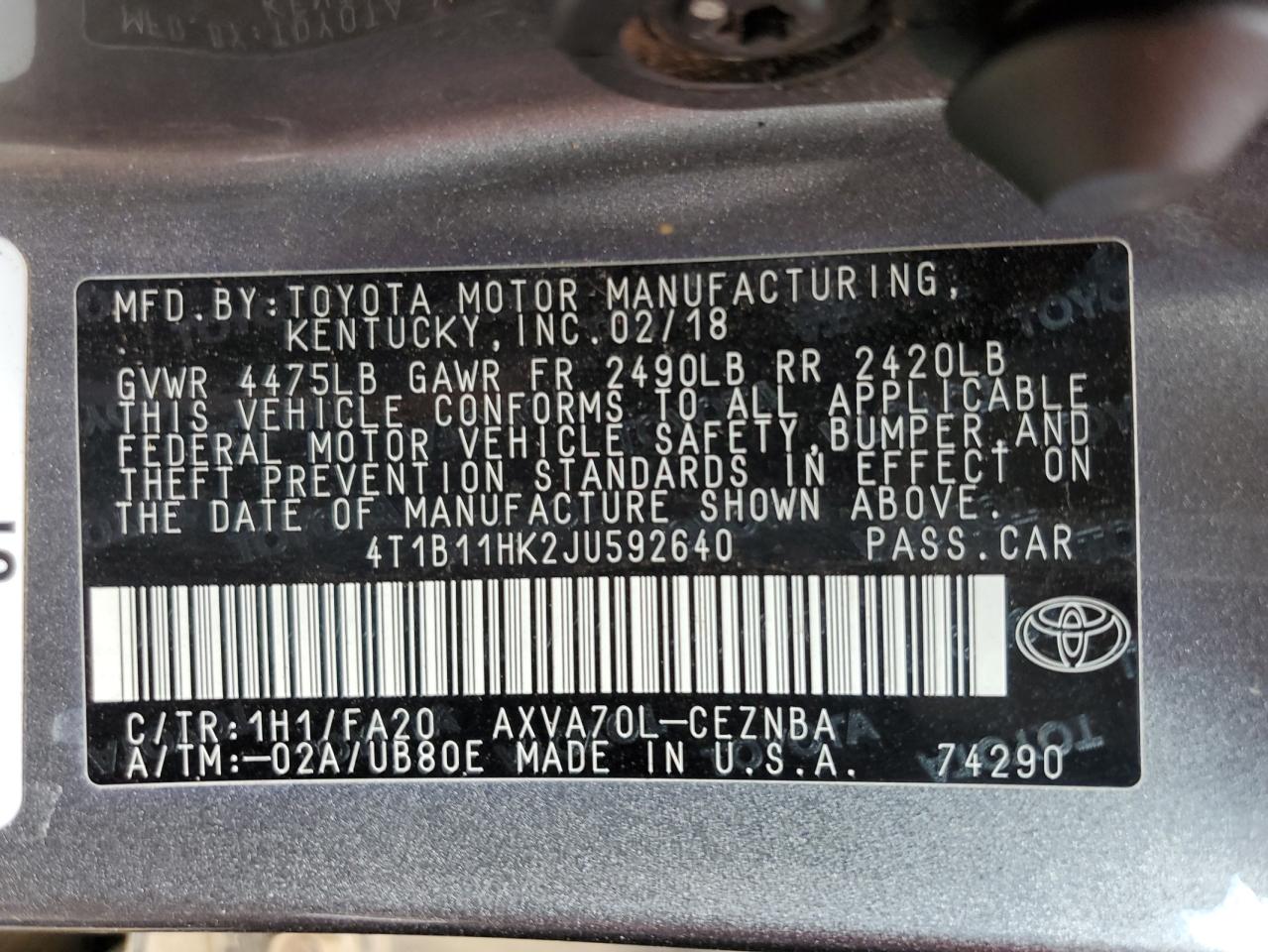 4T1B11HK2JU592640 2018 TOYOTA CAMRY - Image 12