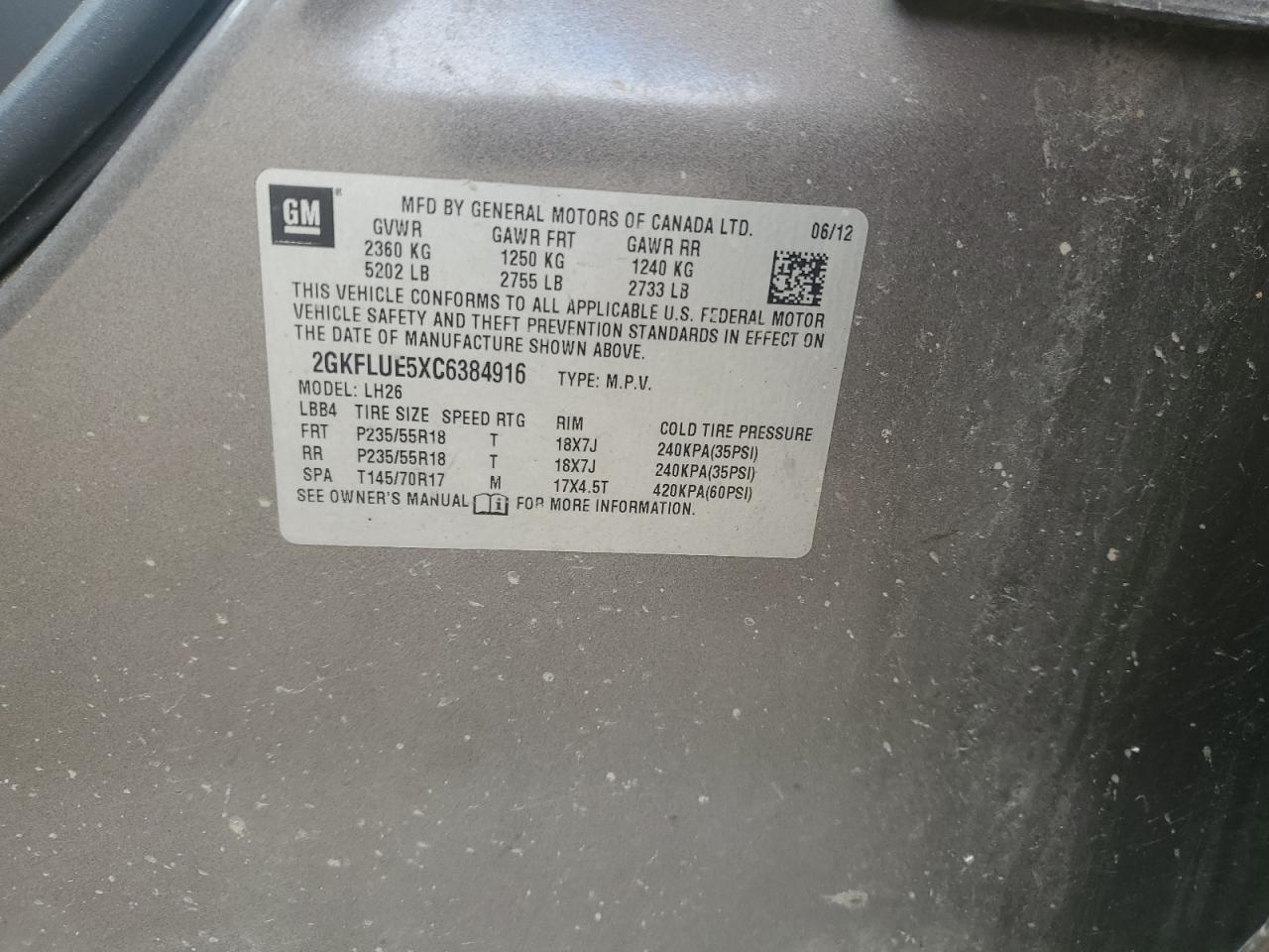 2012 GMC Terrain Slt VIN: 2GKFLUE5XC6384916 Lot: 80210655