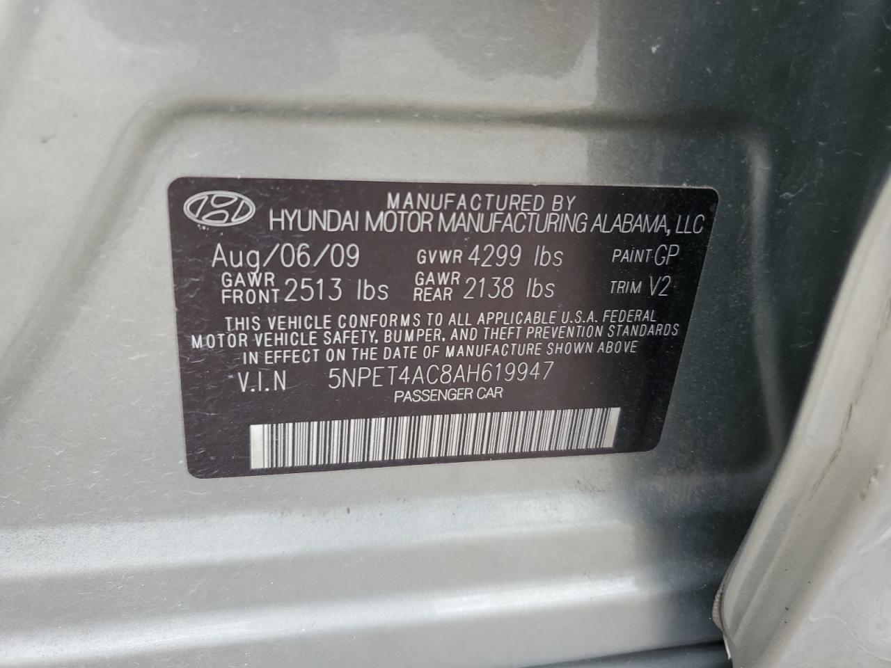 2010 Hyundai Sonata Gls VIN: 5NPET4AC8AH619947 Lot: 71261884